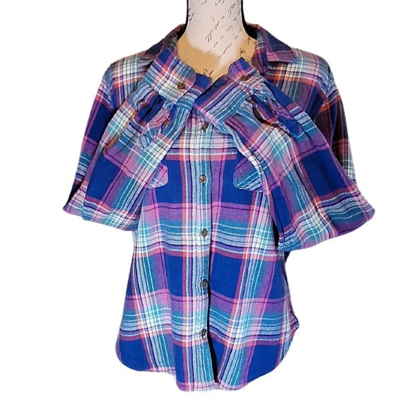 American Eagle Favorite Fit Y2K Womens Flannel XL Blue Pink Plaid Soft Grunge - Picture 2 of 6